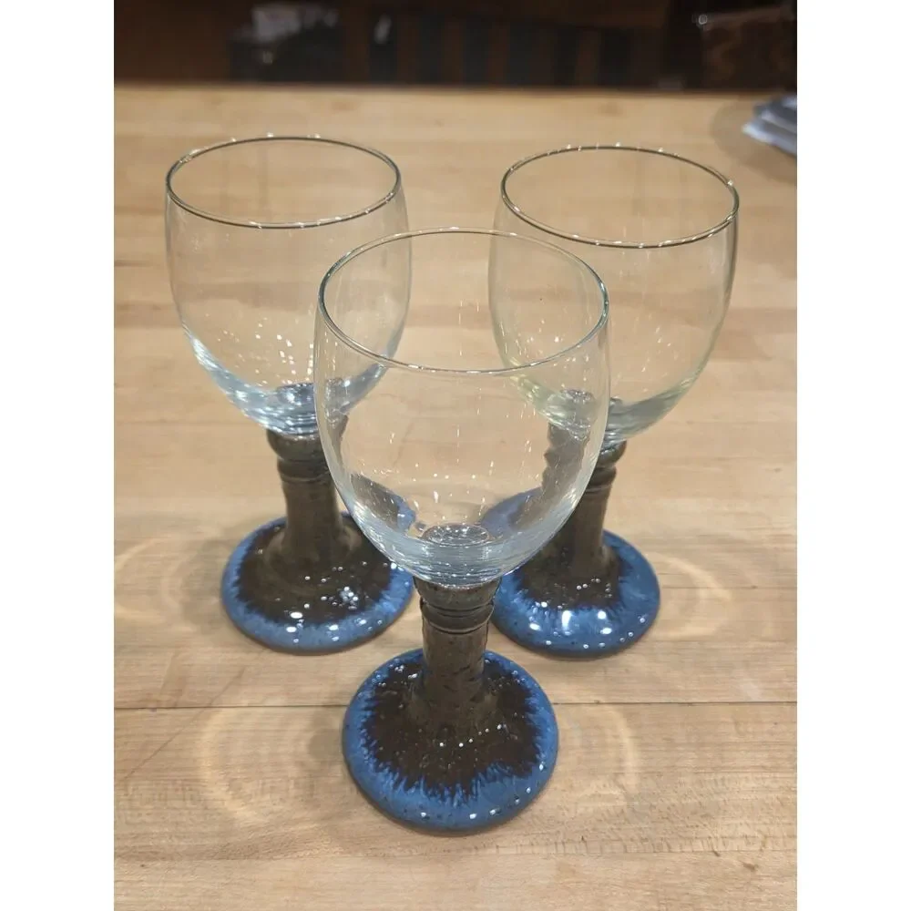 Set of 3 Vintage Studio Pottery Stoneware Wine Glasses Blue Brown Drip Stem